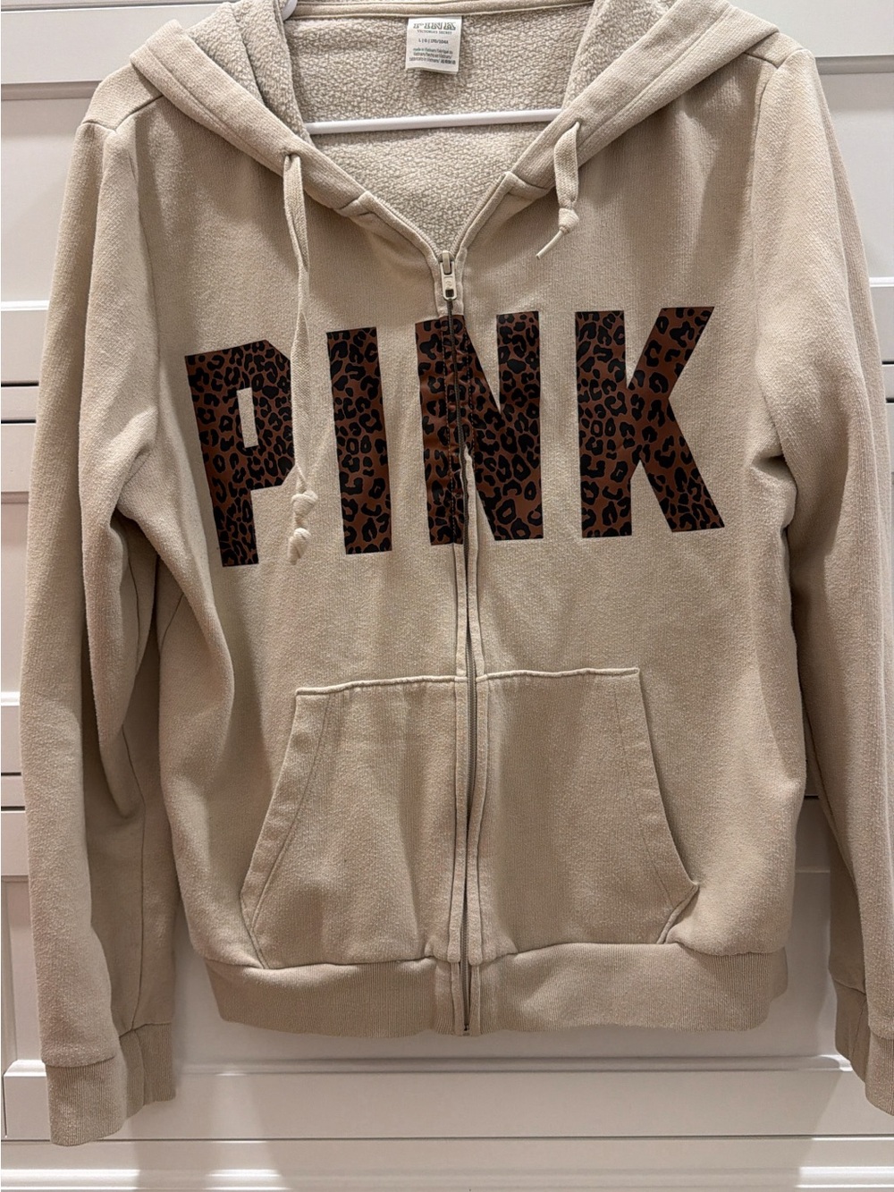 PINK Victoria's Secret Youth Zip-Up Hoodie in Beige with Leopard Print Logo